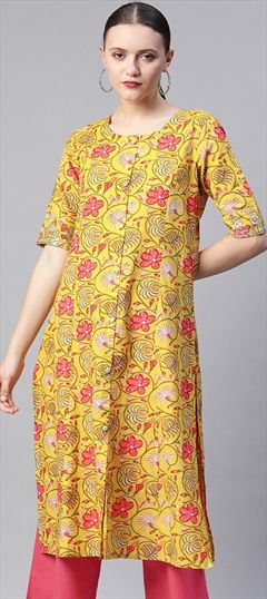 Casual Yellow color Kurti in Cotton fabric with Straight Floral, Printed, Sequence work : 1756996