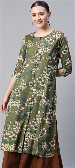Casual Green color Kurti in Cotton fabric with Straight Floral, Printed, Sequence work : 1756997