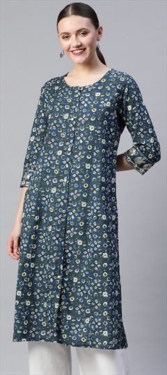 Casual Blue color Kurti in Cotton fabric with Straight Floral, Printed, Sequence work : 1757000