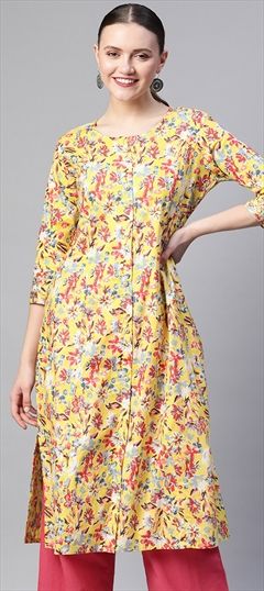 Casual Yellow color Kurti in Cotton fabric with Straight Floral, Printed, Sequence work : 1757004
