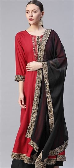 Festive, Party Wear Red and Maroon color Kurti in Rayon fabric with A Line Cut Dana, Gota Patti, Lace work : 1757008