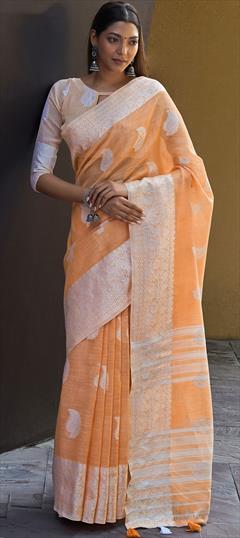 Traditional Orange color Saree in Linen fabric with Bengali Thread work : 1757067