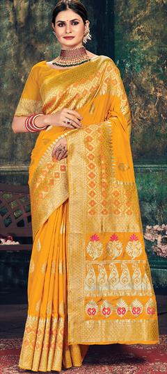 Traditional Yellow color Saree in Jacquard fabric with South Weaving work : 1757075