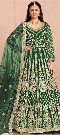 Festive, Mehendi Sangeet, Party Wear Green color Salwar Kameez in Net fabric with Anarkali Embroidered, Sequence, Thread, Zari work : 1757077
