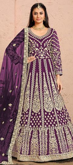 Festive, Mehendi Sangeet, Party Wear Purple and Violet color Salwar Kameez in Net fabric with Anarkali Embroidered, Sequence, Thread, Zari work : 1757078