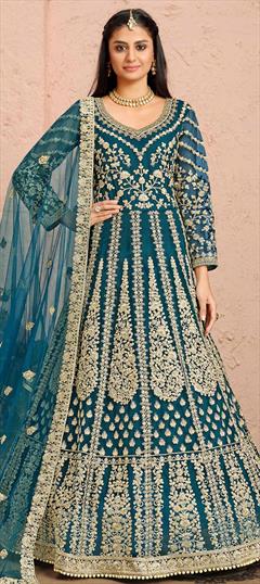 Festive, Mehendi Sangeet, Party Wear Blue color Salwar Kameez in Net fabric with Anarkali Embroidered, Sequence, Thread, Zari work : 1757081