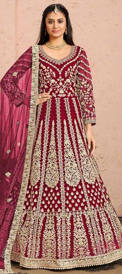Bridal, Festive, Mehendi Sangeet, Party Wear Red and Maroon color Salwar Kameez in Net fabric with Anarkali Embroidered, Sequence, Thread, Zari work : 1757084