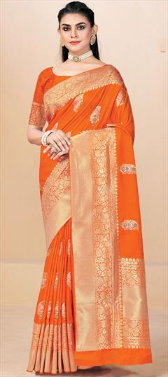 Traditional Orange color Saree in Banarasi Silk, Silk fabric with South Thread, Zari work : 1757108