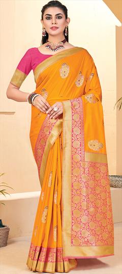 Traditional Yellow color Saree in Banarasi Silk, Silk fabric with South Thread, Zari work : 1757114