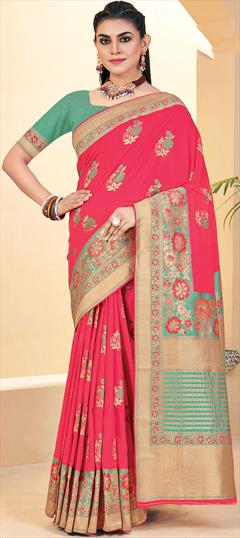 Traditional Pink and Majenta color Saree in Banarasi Silk, Silk fabric with South Thread, Zari work : 1757117