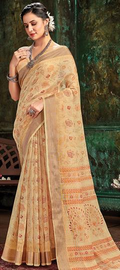 Traditional Beige and Brown color Saree in Cotton fabric with Bengali Weaving work : 1757128