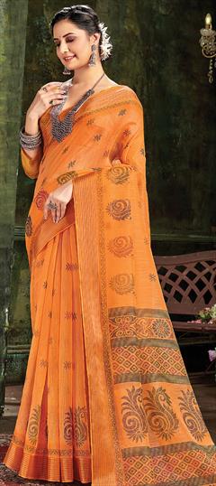 Traditional Orange color Saree in Cotton fabric with Bengali Weaving work : 1757132