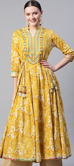 Festive, Party Wear Yellow color Kurti in Cotton fabric with Anarkali Embroidered, Floral, Gota Patti, Printed, Resham, Zari work : 1757222