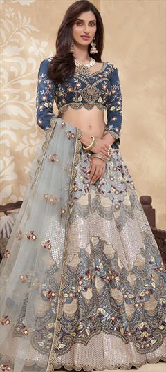Bollywood, Designer, Engagement, Reception Black and Grey, Blue color Lehenga in Art Silk fabric with A Line Embroidered, Thread, Zircon work : 1757303