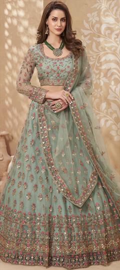 Bridal, Festive, Wedding Green color Lehenga in Net fabric with A Line Embroidered, Stone, Thread work : 1757305