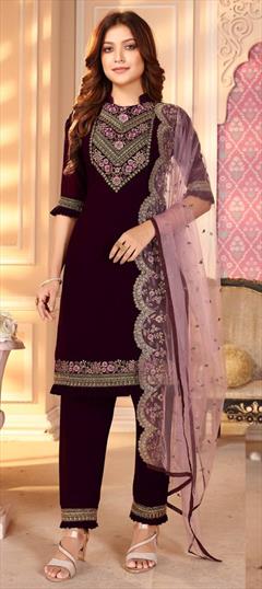 Casual, Party Wear Purple and Violet color Salwar Kameez in Faux Georgette fabric with Straight Embroidered, Resham, Thread work : 1757353
