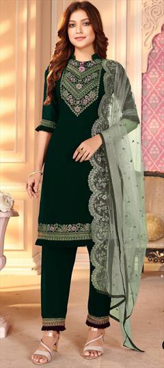 Casual, Party Wear Green color Salwar Kameez in Faux Georgette fabric with Straight Embroidered, Resham, Thread work : 1757355