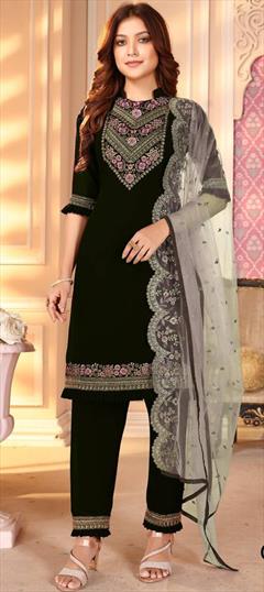 Casual, Party Wear Black and Grey color Salwar Kameez in Faux Georgette fabric with Straight Embroidered, Resham, Thread work : 1757357