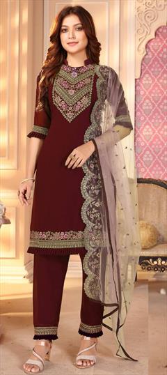 Casual, Party Wear Red and Maroon color Salwar Kameez in Faux Georgette fabric with Straight Embroidered, Resham, Thread work : 1757358