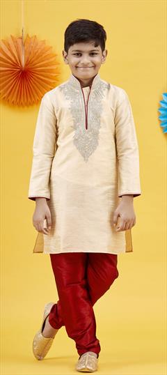 Beige and Brown color Boys Kurta Pyjama in Art Silk fabric with Embroidered, Thread work : 1757426
