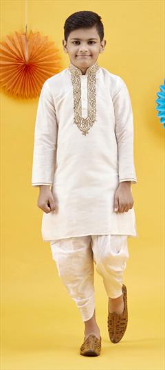 White and Off White color Boys Dhoti Kurta in Art Silk fabric with Embroidered, Thread work : 1757429