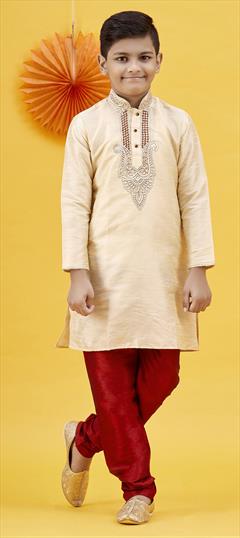 Gold color Boys Kurta Pyjama in Art Silk fabric with Embroidered, Thread work : 1757445