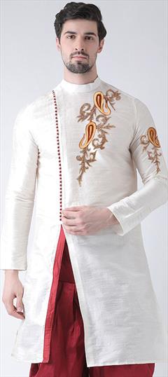 White and Off White color Kurta in Dupion Silk fabric with Embroidered, Thread work : 1757525