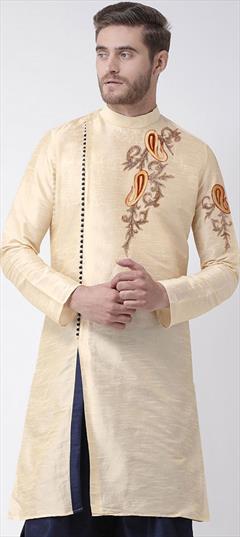 Beige and Brown color Kurta in Dupion Silk fabric with Embroidered, Thread work : 1757528