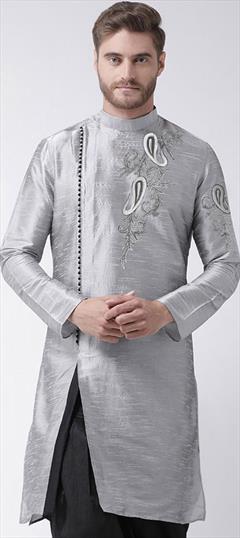 Black and Grey color Kurta in Dupion Silk fabric with Embroidered, Thread work : 1757530