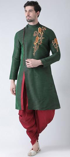 Green color Dhoti Kurta in Dupion Silk fabric with Embroidered, Thread work : 1757578