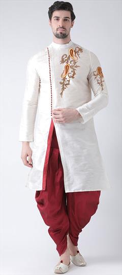 White and Off White color Dhoti Kurta in Dupion Silk fabric with Embroidered, Thread work : 1757580