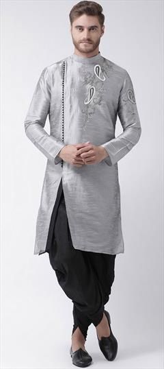 Black and Grey color Dhoti Kurta in Dupion Silk fabric with Embroidered, Thread work : 1757582