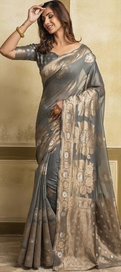 Traditional Black and Grey color Saree in Cotton fabric with Bengali Weaving work : 1757760