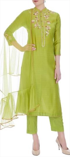 Festive, Party Wear, Reception Green color Salwar Kameez in Silk cotton fabric with Straight Embroidered, Resham, Thread work : 1758066