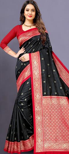 Traditional Black and Grey color Saree in Art Silk, Silk fabric with South Weaving work : 1758410