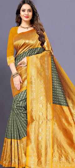 Traditional Green, Yellow color Saree in Art Silk, Silk fabric with South Weaving work : 1758412