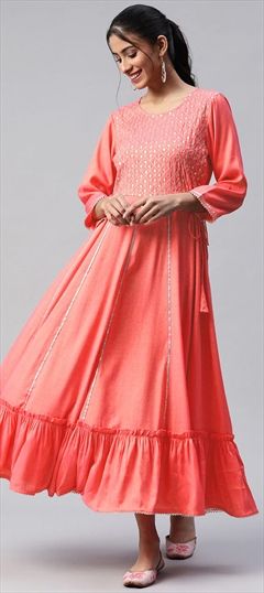 Casual Pink and Majenta color Gown in Rayon fabric with Embroidered, Gota Patti, Sequence work : 1758418