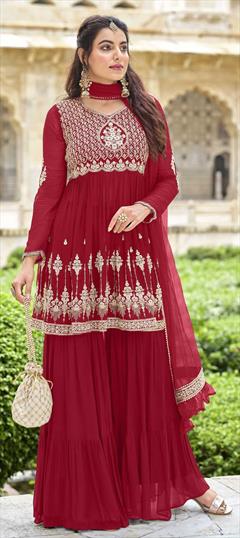Reception, Wedding Red and Maroon color Salwar Kameez in Georgette fabric with Sharara Embroidered, Resham, Thread, Zari work : 1758533