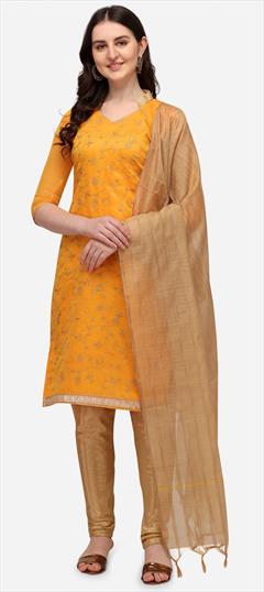 Festive, Party Wear Yellow color Salwar Kameez in Chanderi Silk fabric with Straight Embroidered, Resham, Thread work : 1758596