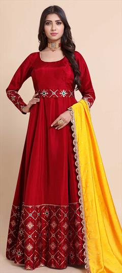Festive, Party Wear Red and Maroon color Kurti in Art Silk fabric with A Line, Long Sleeve Weaving work : 1758606