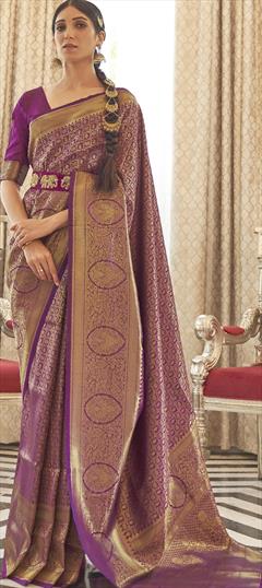Traditional Purple and Violet color Saree in Handloom fabric with Bengali, South Weaving work : 1758665