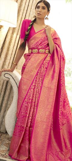 Traditional Pink and Majenta color Saree in Handloom fabric with Bengali, South Weaving work : 1758667