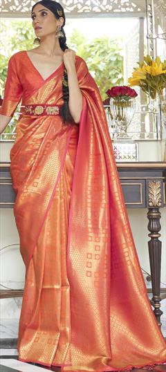 Traditional Orange color Saree in Handloom fabric with Bengali, South Weaving work : 1758669