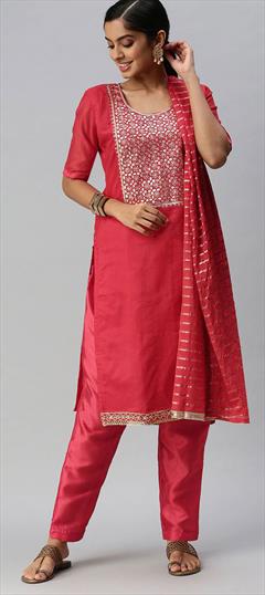 Festive, Party Wear Red and Maroon color Salwar Kameez in Chanderi Silk fabric with Straight Embroidered, Sequence, Thread work : 1758950