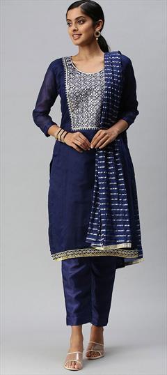 Festive, Party Wear Blue color Salwar Kameez in Chanderi Silk fabric with Straight Embroidered, Sequence, Thread work : 1758955