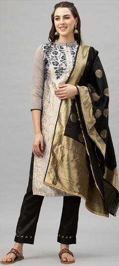 Festive, Party Wear Black and Grey color Salwar Kameez in Banarasi Silk fabric with Straight Weaving work : 1758969