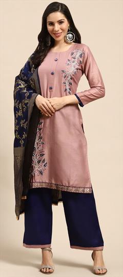 Festive, Party Wear Beige and Brown color Salwar Kameez in Cotton fabric with Straight Embroidered, Weaving work : 1758988