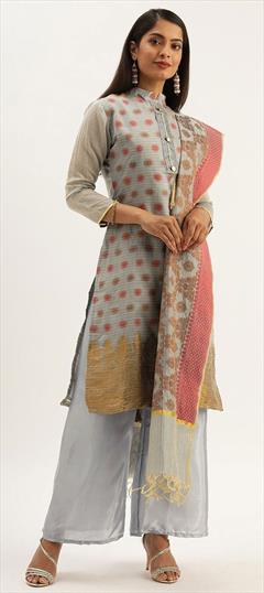Festive, Party Wear Black and Grey color Salwar Kameez in Banarasi Silk fabric with Straight Weaving work : 1758990