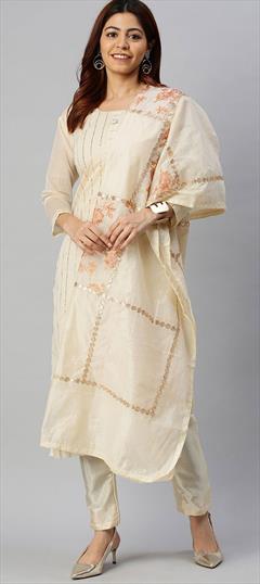 Festive, Party Wear White and Off White color Salwar Kameez in Chanderi Silk fabric with Straight Embroidered, Gota Patti work : 1758994