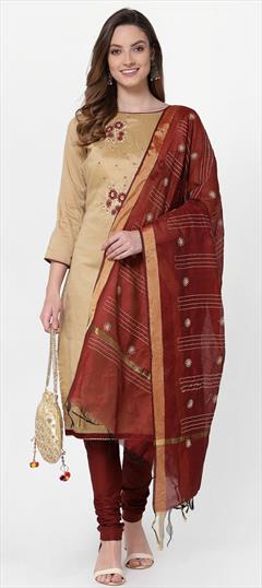 Festive, Party Wear Beige and Brown color Salwar Kameez in Cotton fabric with Churidar, Straight Embroidered, Thread work : 1759014